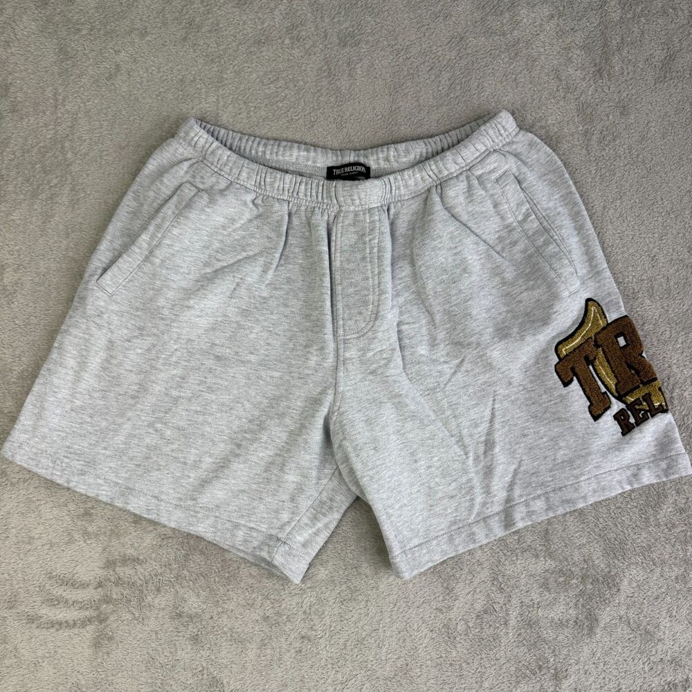 True Religion Jogger Shorts Men's Medium Gray Heather Fleece Lined Relaxed Fit